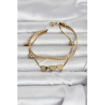 Nevamel® 316L Çelik Gold Renk Ezme Zincir ve Kalpli Kadın Bileklik 5886