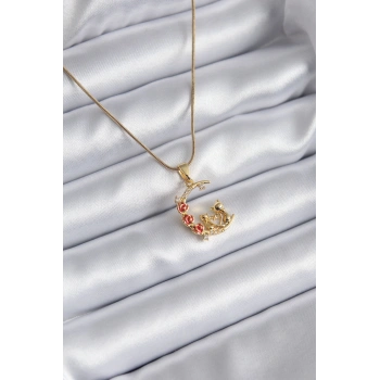 Nevamel® 316L Çelik Gold Renk Hilal Kedi Model Zirkon Taşlı Detay Kadın Kolye 5886