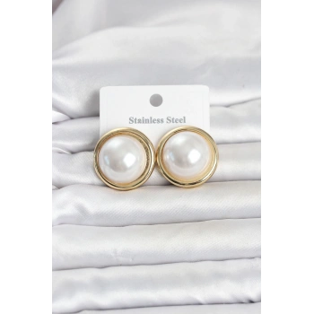 Nevamel® 316L Çelik Gold Renk İnci Model Vintage Kadın Küpe 5886