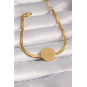 Nevamel® 316L Çelik Gold Renk İtalyan Zincir Model İşlemeli Madalyon Figür Kadın Bileklik 5886