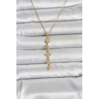 Nevamel® 316L Çelik Gold Renk Kutup Yıldızı Y Model Zirkon Taşlı Kadın Kolye 5886