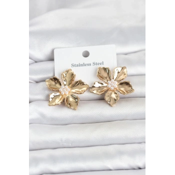Nevamel® 316L Çelik Gold Renk Lotus Çiçek Model Kadın Küpe 5886