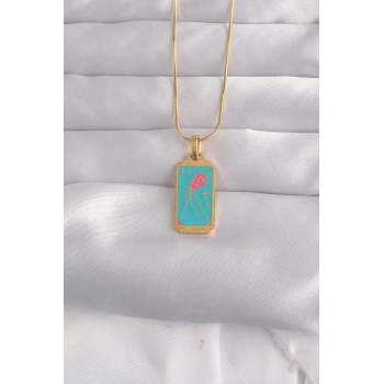 Nevamel® 316L Çelik Gold Renk Mavi Mineli Tarot Kolye 5886