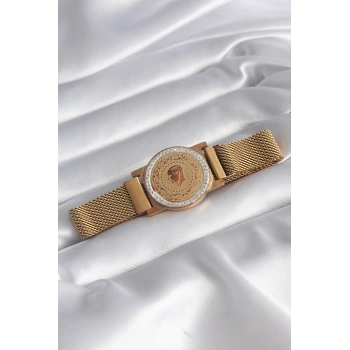 Nevamel® 316L Çelik Gold Renk Mıknatıslı Hasır Zirkon Taşlı Çeyrek Altın Model Kadın Bileklik 5886