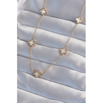 Nevamel® 316L Çelik Gold Renk Minimal Beyaz Sedefli Yonca Kolye 5886