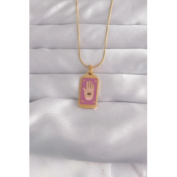 Nevamel® 316L Çelik Gold Renk Mor Mineli El Figür Tarot Kolye 5886