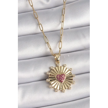 Nevamel® 316L Çelik Gold Renk Pembe Zirkon Taşlı Kalp İşleme Madalyon Model Kadın Kolye 5886