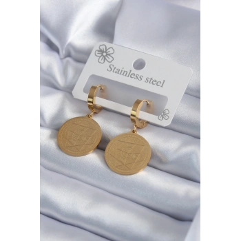 Nevamel® 316L Çelik Gold Renk Pentagram İşleme Model Kadın Küpe 5886