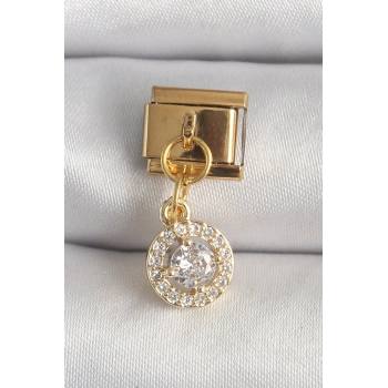 Nevamel® 316L Çelik Gold Renk Sallantı Daire Zirkon Taşlı Nomination Charm 5886