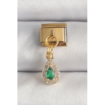 Nevamel® 316L Çelik Gold Renk Sallantı Damla Yeşil Zirkon Taşlı Nomination Charm 5886