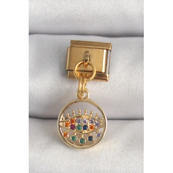 Nevamel® 316L Çelik Gold Renk Sallantı Renkli Zirkon Taşlı Göz Model Nomination Charm 5886