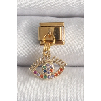 Nevamel® 316L Çelik Gold Renk Sallantı Renkli Zirkon Taşlı Göz Model Nomination Charm 5886