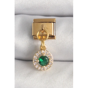 Nevamel® 316L Çelik Gold Renk Sallantı Yeşil Zirkon Taşlı Nomination Charm 5886