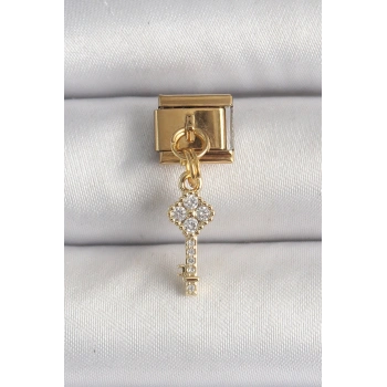 Nevamel® 316L Çelik Gold Renk Sallantı Zirkon Taşlı Anahtar Model Nomination Charm 5886