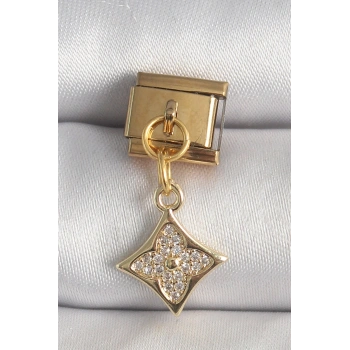 Nevamel® 316L Çelik Gold Renk Sallantı Zirkon Taşlı Çiçek İşlemeli Nomination Charm 5886