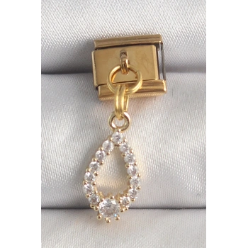 Nevamel® 316L Çelik Gold Renk Sallantı Zirkon Taşlı Damla Model Nomination Charm 5886