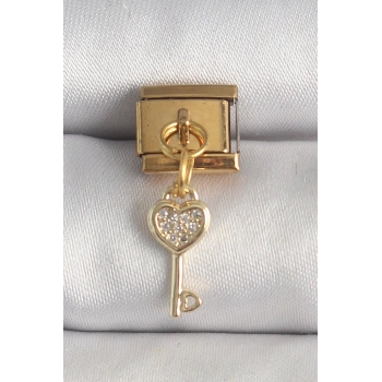 Nevamel® 316L Çelik Gold Renk Sallantı Zirkon Taşlı Kalpli Anahtar Model Nomination Charm 5886