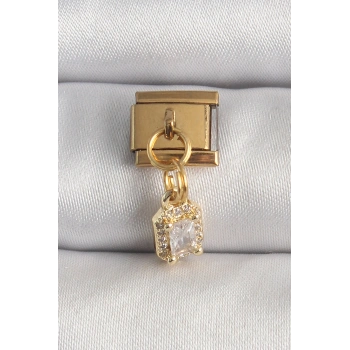 Nevamel® 316L Çelik Gold Renk Sallantı Zirkon Taşlı Kare Model Nomination Charm 5886