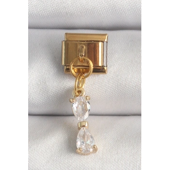 Nevamel® 316L Çelik Gold Renk Sallantı Zirkon Taşlı Kurdele Model Nomination Charm 5886
