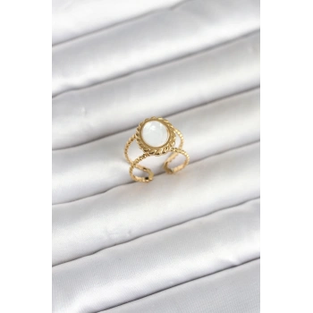 Nevamel® 316L Çelik Gold Renk Sedefli Vintage Kadın Yüzük 5886