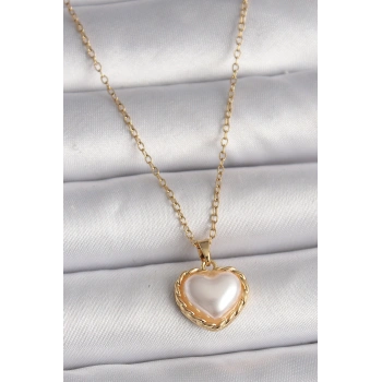 Nevamel® 316L Çelik Gold Renk Zincir 3D İnci Kalp Model Kadın Kolye 5886