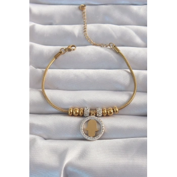 Nevamel® 316L Çelik Gold Renk Zirkon Taş Aksesuarlı Fatma Ana Eli Bileklik 5886