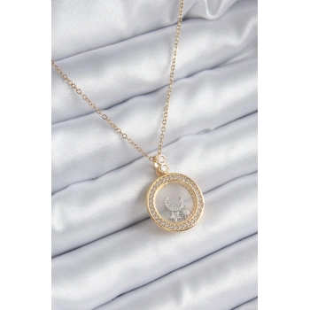 Nevamel® 316L Çelik Gold Renk Zirkon Taş Detay Ay Yıldız Fanus Model Kadın Kolye 5886