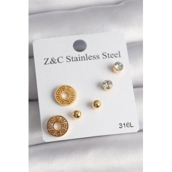 Nevamel® 316L Çelik Gold Renk Zirkon Taşı Labirent Model Kadın Küpe Seti 5886