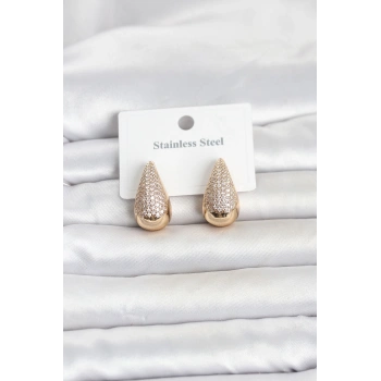 Nevamel® 316L Çelik Gold Renk Zirkon Taşlı Damla Model Kadın Küpe 5886