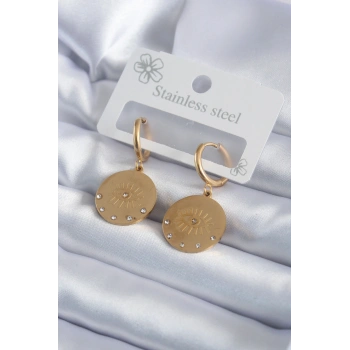 Nevamel® 316L Çelik Gold Renk Zirkon Taşlı Göz İşleme Model Kadın Küpe 5886