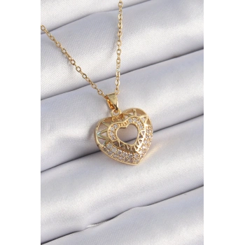 Nevamel® 316L Çelik Gold Renk Zirkon Taşlı Kalp Model Vintage Kadın Kolye 5886