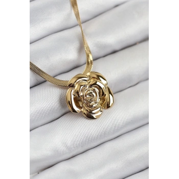 Nevamel® 316L Çelik Gül Figürlü İtalyan Zincir Model Gold Renk Kadın Kolye 5886