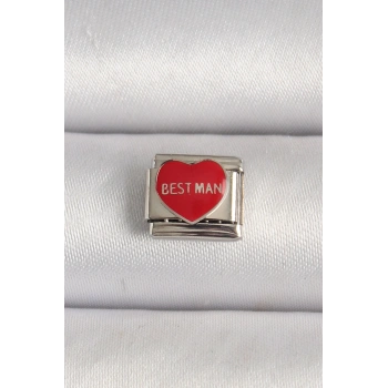 Nevamel® 316L Çelik Gümüş Renk Best Man Yazılı Kırmızı Kalp İşlemeli Nomination Charm 5886