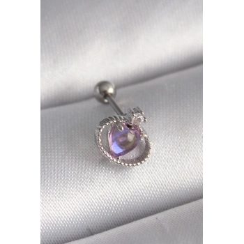 Nevamel® 316L Çelik Gümüş Renk Mor Mineli Kalp Zirkon Taş Detay Tragus Piercing 5886