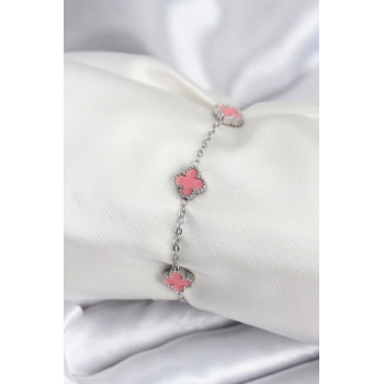 Nevamel® 316L Çelik Gümüş Renk Pembe Baby Boy Yonca Kadın Bileklik 5886
