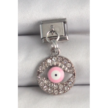 Nevamel® 316L Çelik Gümüş Renk Sallantı Zirkon Taşlı Pembe Göz Model Nomination Charm 5886