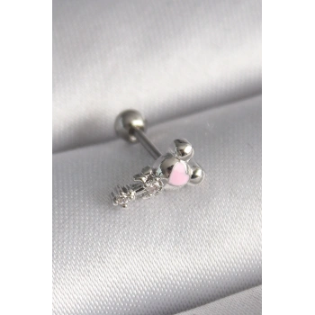 Nevamel® 316L Çelik Gümüş Renk Zirkon Taş Detay Pembe Kalp İşleme Tragus Piercing 5886