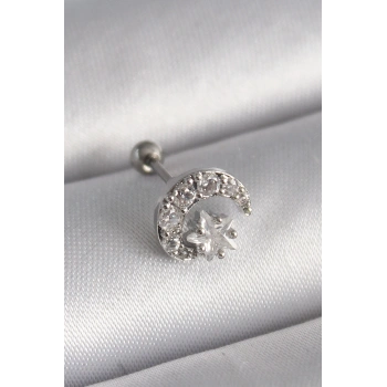 Nevamel® 316L Çelik Gümüş Renk Zirkon Taşlı Ay Yıldız Tragus Piercing 5886