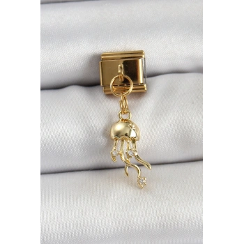 Nevamel® 316L Çelik Sallantılı Zirkon Taşlı Deniz Anası Model Gold Renk Nomination Charm 5886