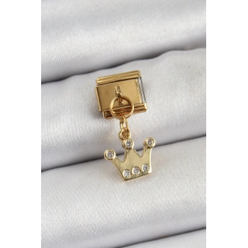 Nevamel® 316L Çelik Sallantılı Zirkon Taşlı Kraliçe Tacı Model Gold Renk Nomination Charm 5886