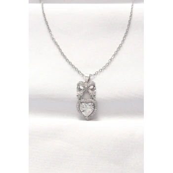 Nevamel® 316L Çelik Silver Renk Zirkon Taşlı Kalpli Fiyonk Kolye 5886