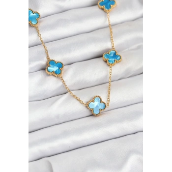 Nevamel® 316L Çelik Zincir Gold Buz Mavisi Renk Yonca Kolye 5886