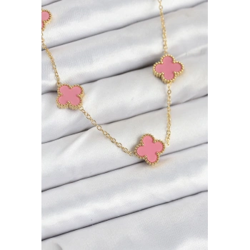 Nevamel® 316L Çelik Zincir Gold Pembe Renk Yonca Kadın Kolye 5886