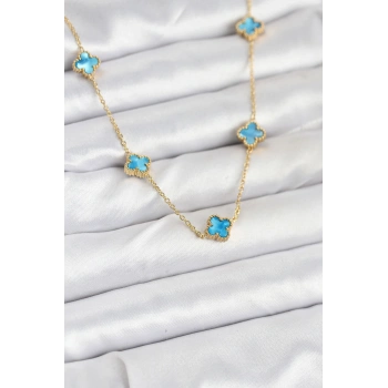 Nevamel® 316L Çelik Zincir Gold Renk Buz Mavisi Baby Boy Yonca Kadın Kolye 5886