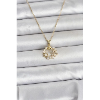 Nevamel® 316L Çelik Zincir Gold Renk İncili Çiçek Model Kadın Koyle 5886