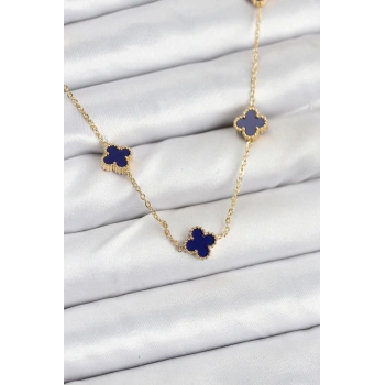 Nevamel® 316L Çelik Zincir Gold Renk Lacivert Baby Boy Yonca Kadın Kolye 5886