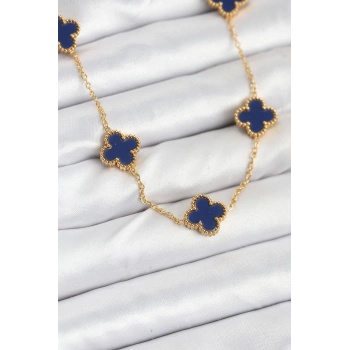 Nevamel® 316L Çelik Zincir Gold Renk Lacivert Yonca Kadın Kolye 5886
