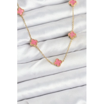 Nevamel® 316L Çelik Zincir Gold Renk Pembe Baby Boy Yonca Kadın Kolye 5886