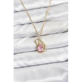 Nevamel® 316L Çelik Zincir Gold Renk Pembe Kuğu Model Zirkon Taşlı Kadın Kolye 5886