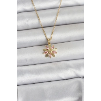 Nevamel® 316L Çelik Zincir Gold Renk Pembe Papatya Model Kadın Kolye 5886